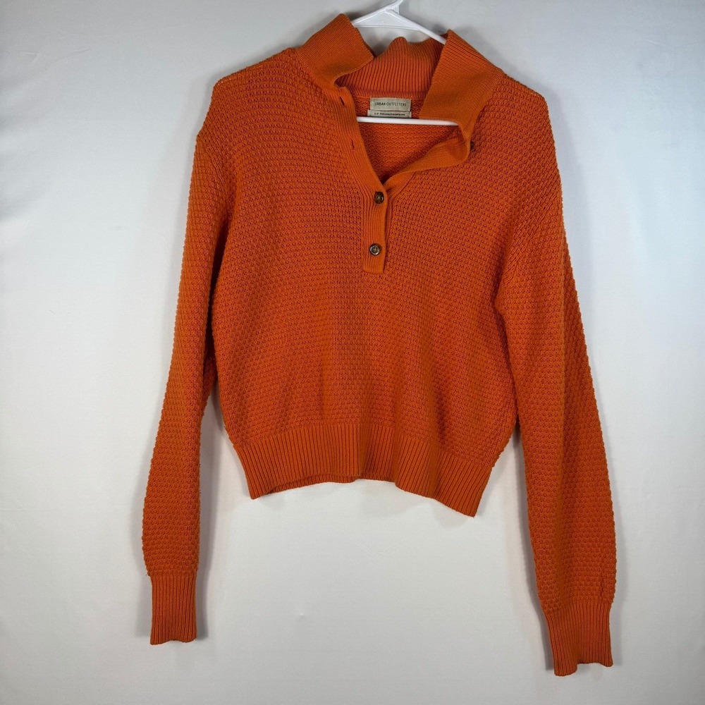 Urban Outfitters Women Orange Waffle Knit Henley Cropped Sweater Small